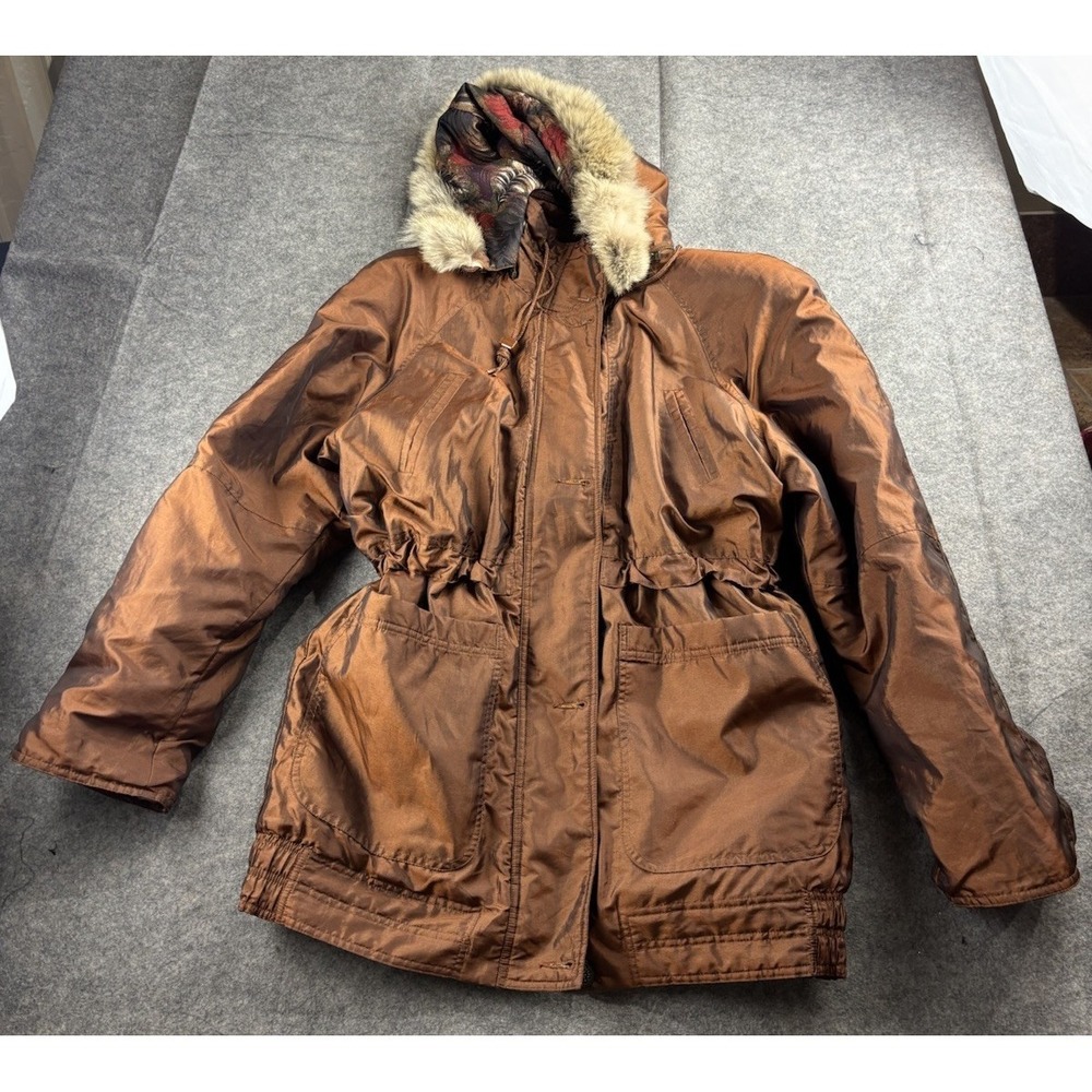 Andy Johns Sz S Coat Jacket Real Fur Hood Bronze Metallic Ski Snowboard 80s SEE